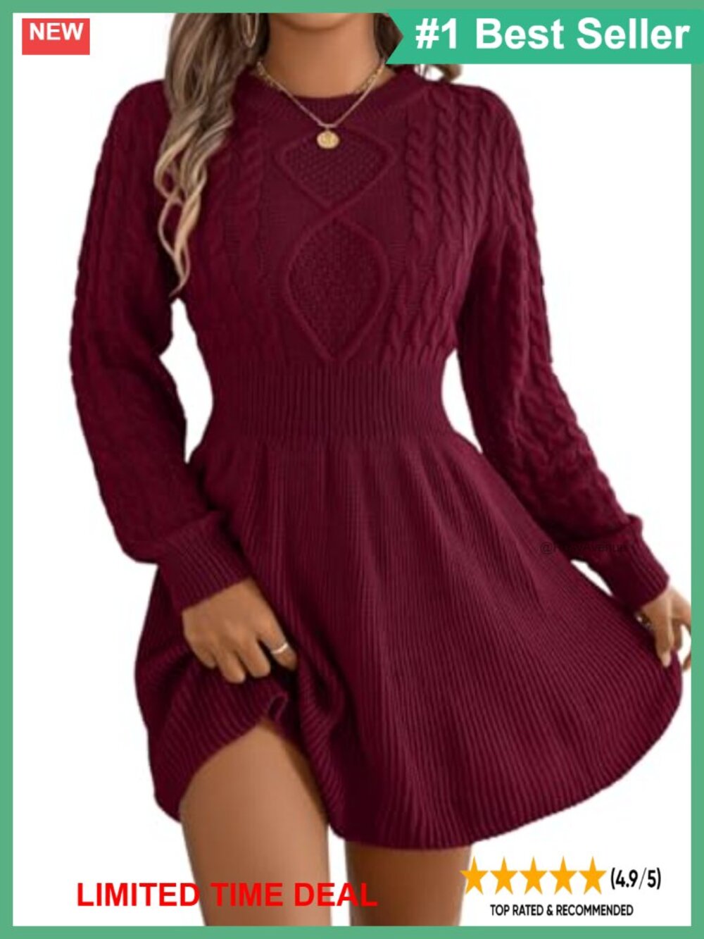 Cable Knit Short Sweater Dress Cinched Waist Long Sleeve Crewneck